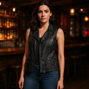 Victoria’s Secret black faux leather moto vest zip pockets women’s medium